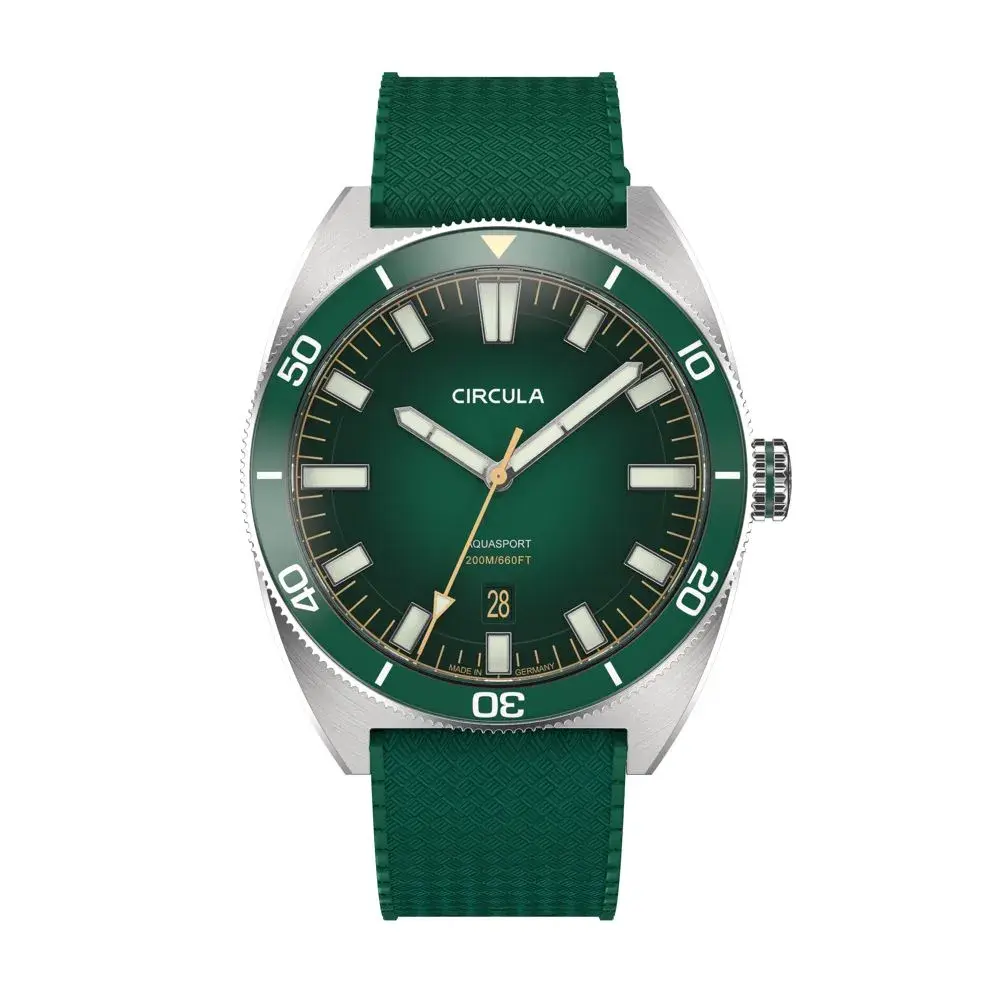 Circula AquaSport II green dial diver watch on tropical rubber strap, studio photo