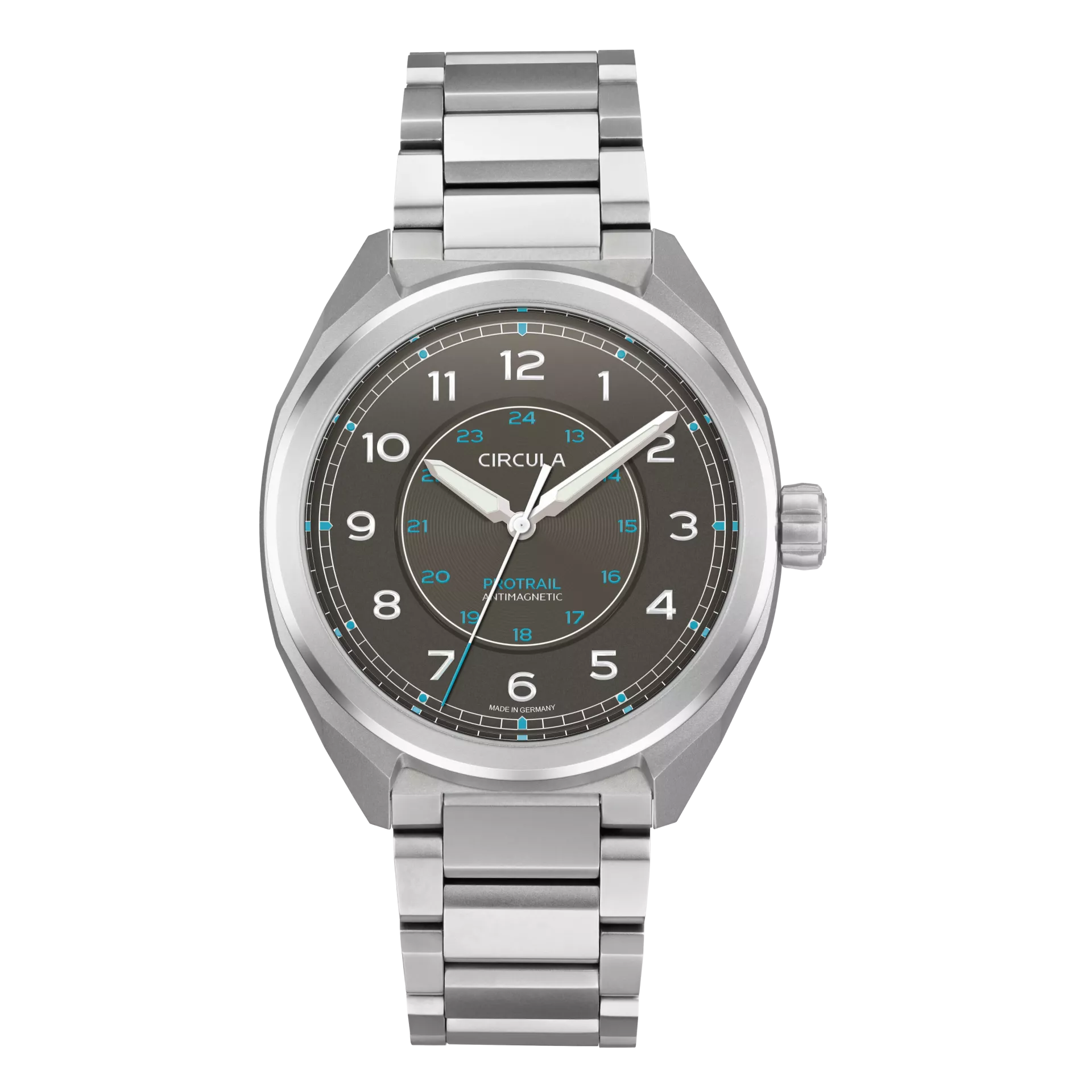 Circula ProTrail Power+ grey dial field watch with steel case on sailcloth strap, studio photo