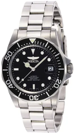 Invicta Pro Diver automatic watch with black dial, black diver bezel, date window and stainless steel bracelet