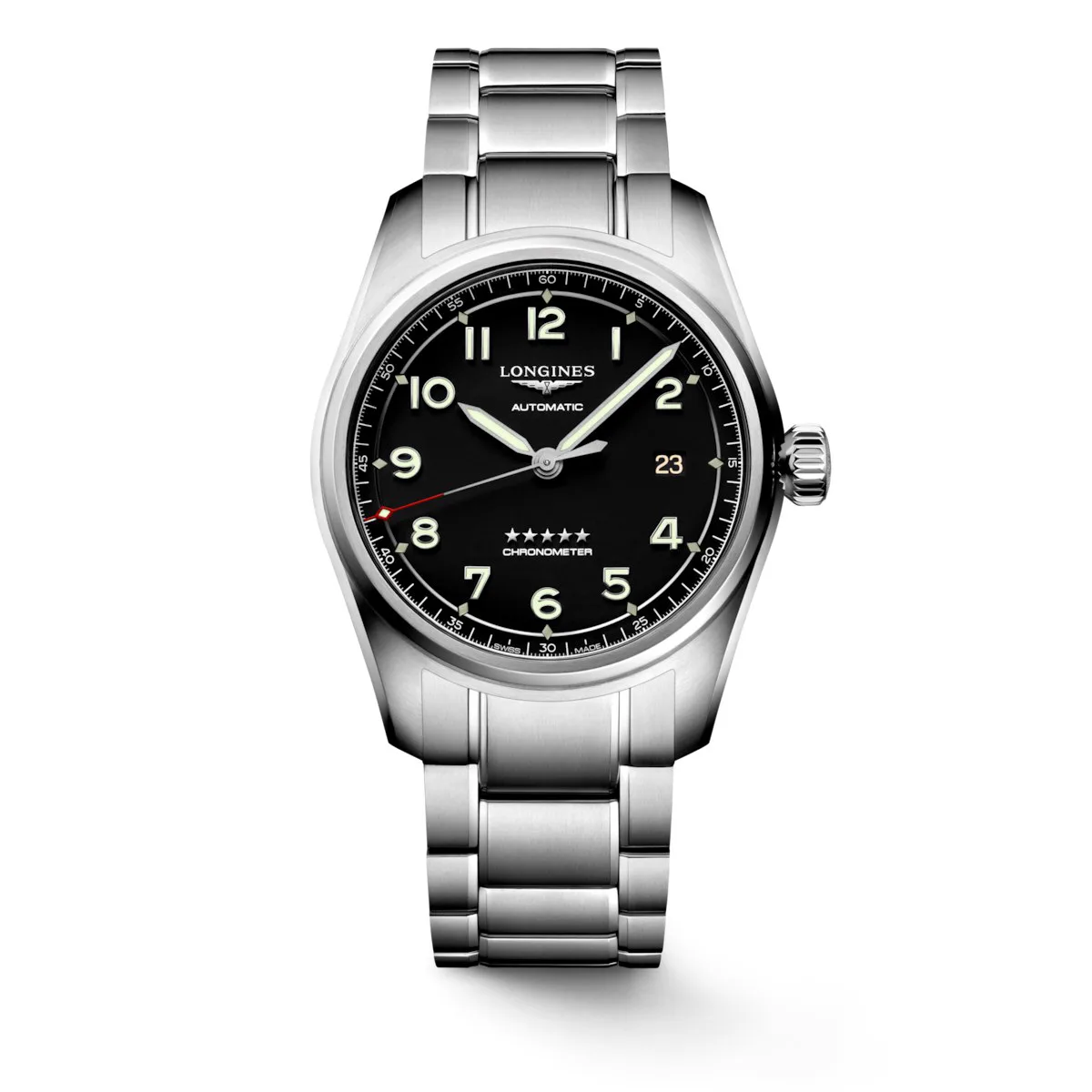 Longines Spirit black-dial pilot's watch on a steel bracelet, clean studio product photo