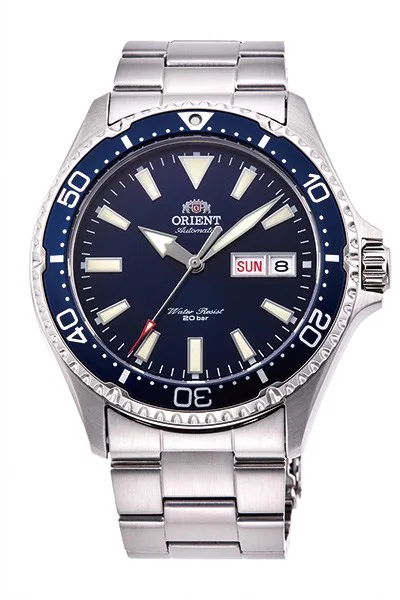 Orient Kamasu blue-dial diver watch with blue bezel and steel bracelet, day-date window