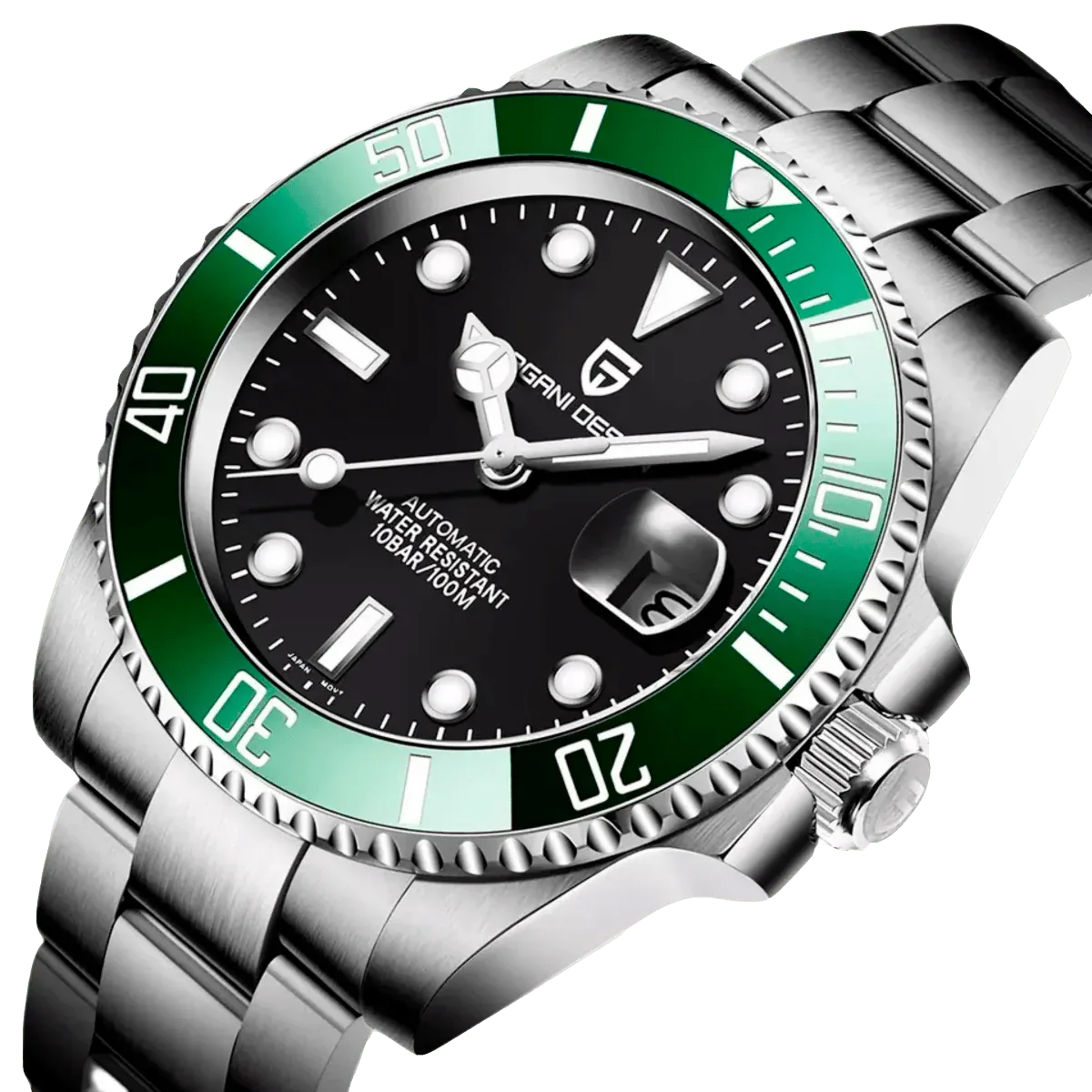 Pagani Design PD-1661 automatic diver watch, black dial, green bezel, steel bracelet