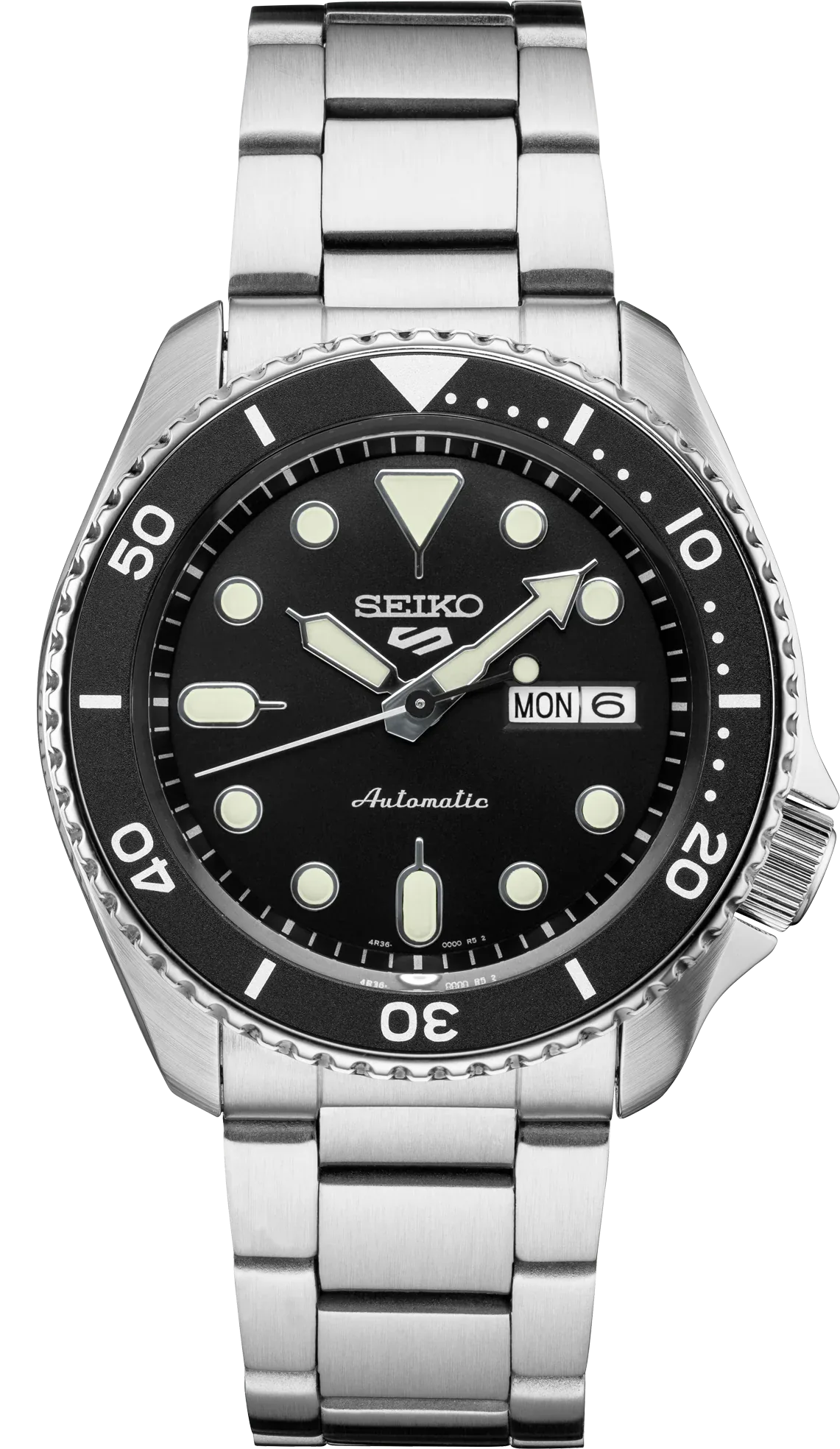 Seiko 5 Sports diver watch with black dial, black bezel, and steel bracelet