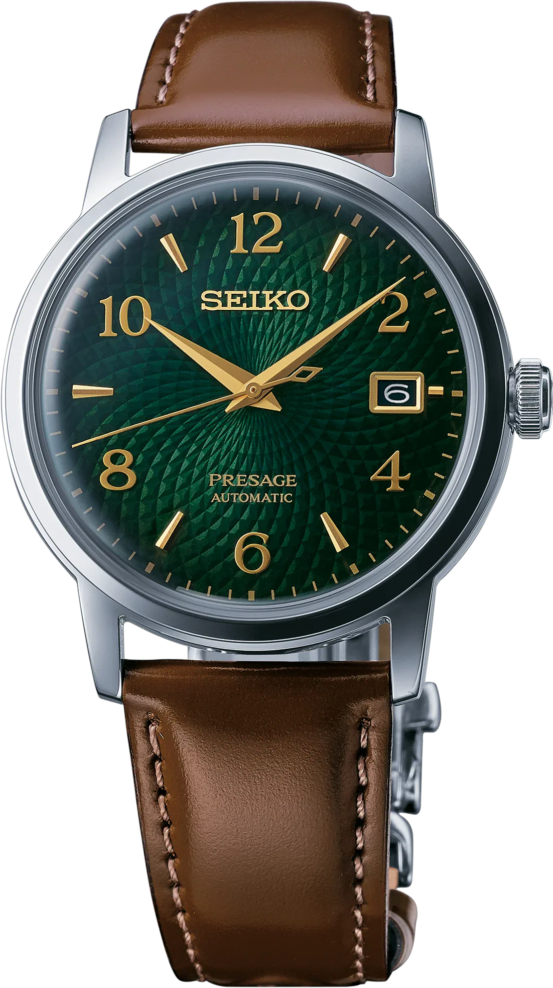 Seiko Presage Cocktail Time watch with green dial and brown leather strap
